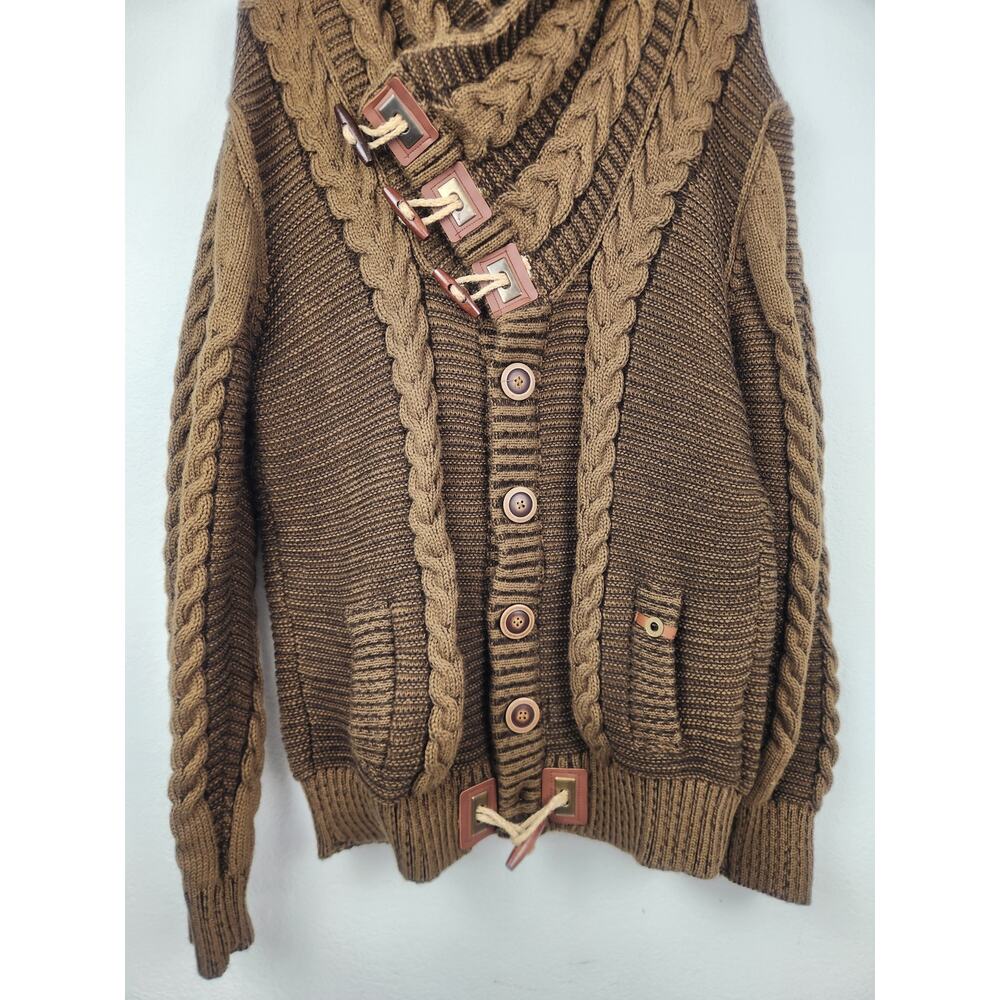 Leif Nelson Sweater Men XXL Brown Cable Knit Toggles Cardigan Pockets - Picture 4 of 10